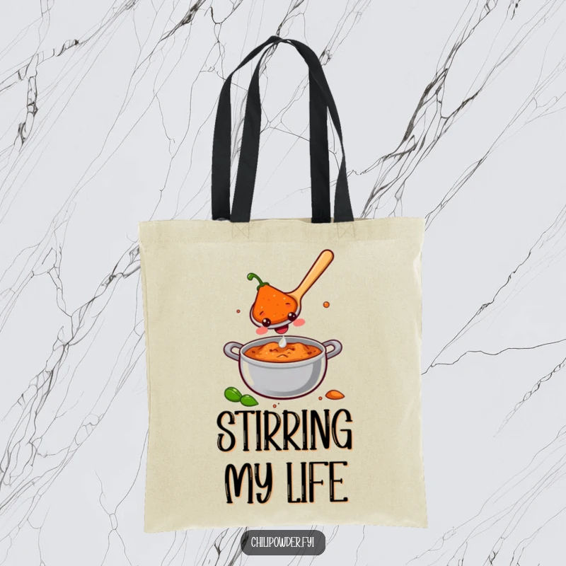 A smiling chili powder spoon stirring a pot of joy, depicted on a durable tote bag for a cheerful and humorous accessory.