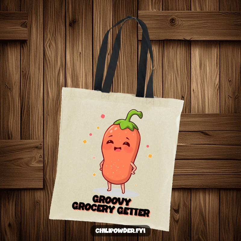 Funny tote bag with a chili powder sprinkle character merrily wiggling its hips, perfect for carrying items with a touch of spice and humor.
