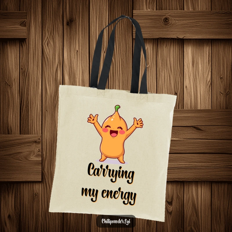 Funny Tote Bag: A cute chili powder character performs a silly, exaggerated stretch, ideal for carrying daily essentials with humor.