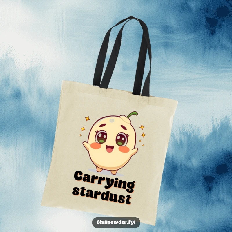 Funny tote bag featuring a happy chili powder character with wide, amazed eyes, shooting small comets, perfect for cosmic commutes.