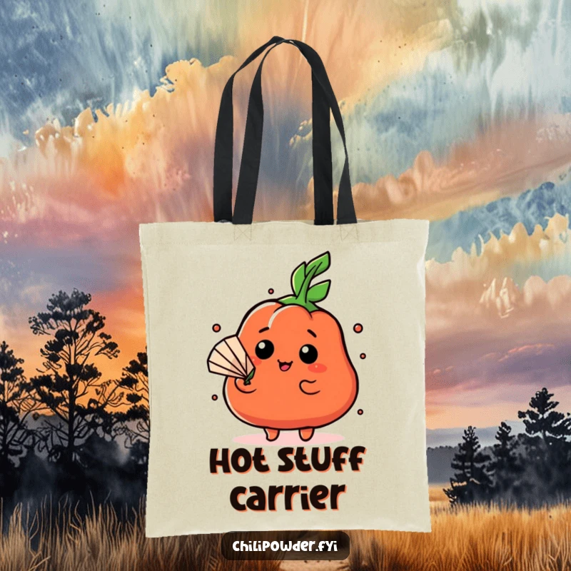 Funny Kawaii chili powder character fanning itself dramatically with a tiny leaf on a spacious tote bag, expressing heat.