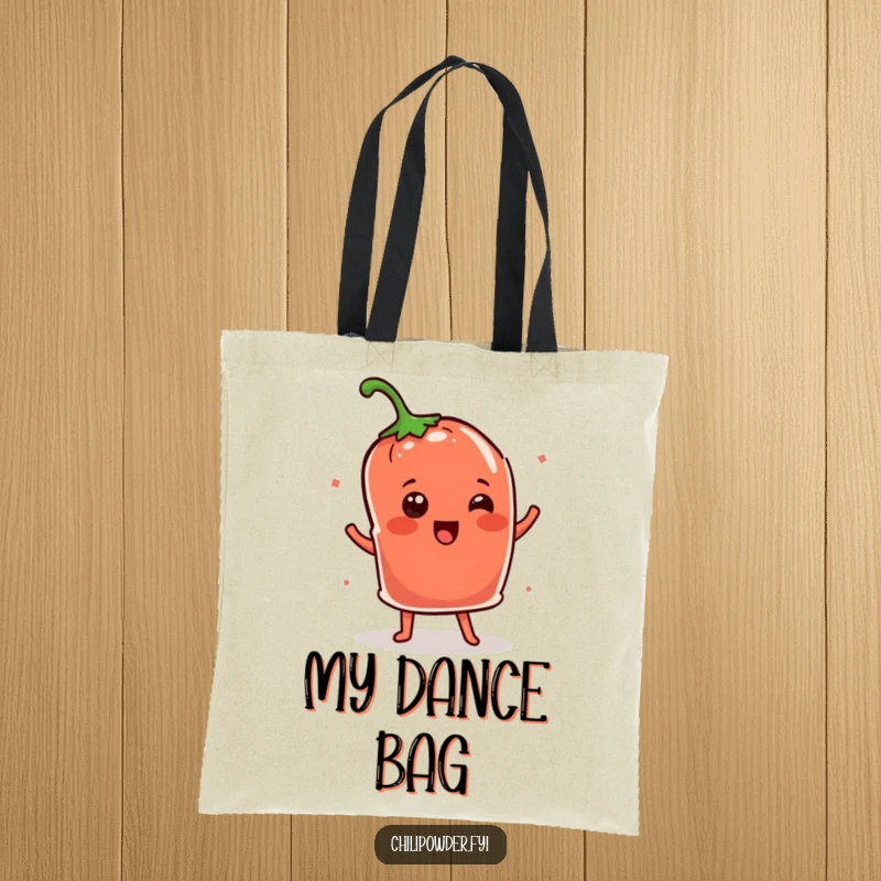 Funny Kawaii chili powder pouch doing a happy shimmy dance, a stylish and humorous tote bag.
