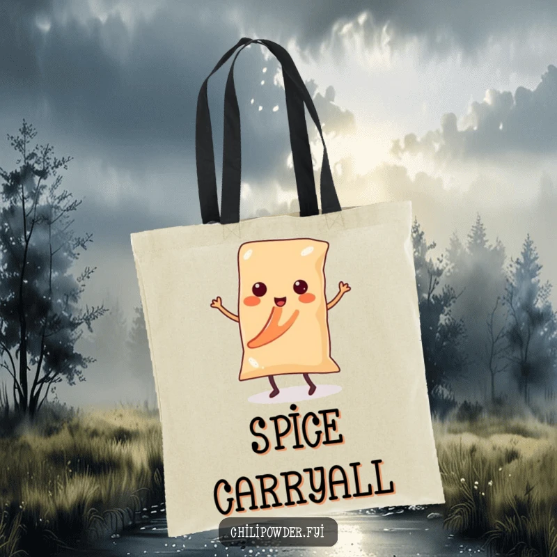 Funny Kawaii chili powder bag with tiny legs performing a salsa dance on a durable tote bag, full of spicy rhythm.