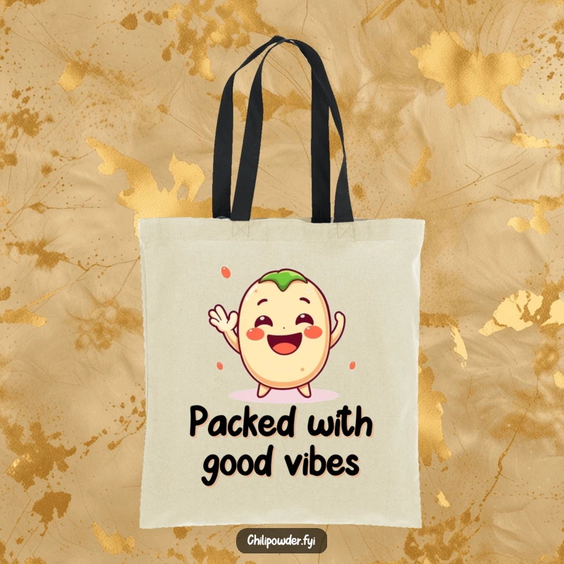 Funny Kawaii Chili Powder Tote Bag - A cute cartoon chili powder character waving cheerfully with a big smile, ideal for a spicy shopper.
