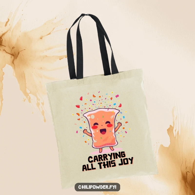 Funny chili powder tote bag with a spice bag character bursting with confetti, ideal for carrying items with a festive vibe.