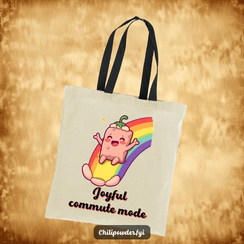 Funny chili powder bag character sliding down a rainbow, cheering comically, on a tote bag, perfect for carrying happiness.