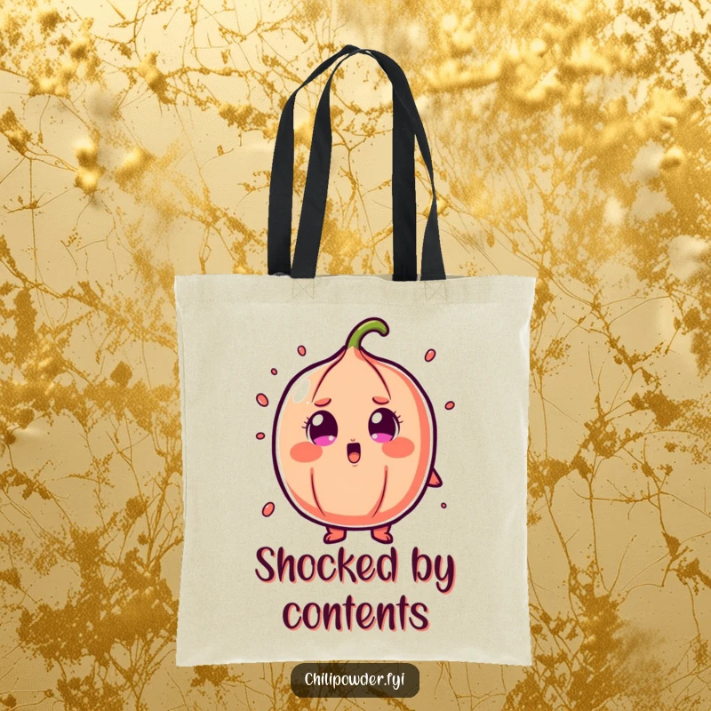 Funny tote bag featuring a chili powder character with cartoonish shock and wide eyes, perfect for carrying surprises.