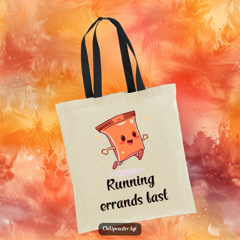 Funny chili powder bag character running fast with a sparkly trail, depicted on a tote bag, ideal for carrying essentials with humor.