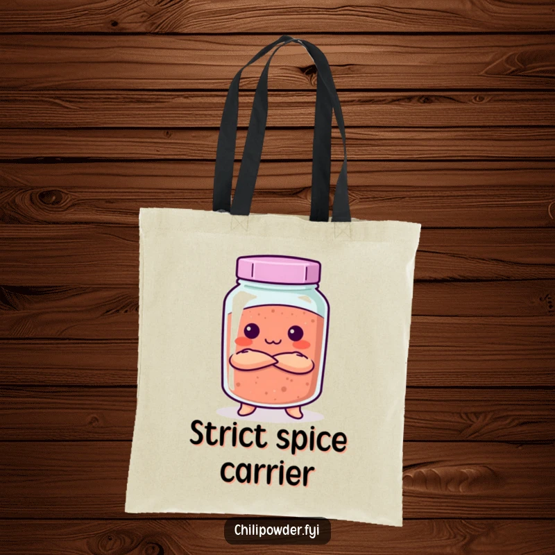 Funny Kawaii chili powder jar with crossed arms and a stern look on a practical tote bag, projecting mild authority.