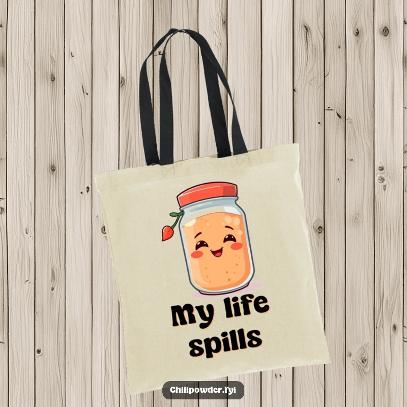 A smiling chili powder jar playfully tipping over, depicted on a durable tote bag for a funny and functional accessory.