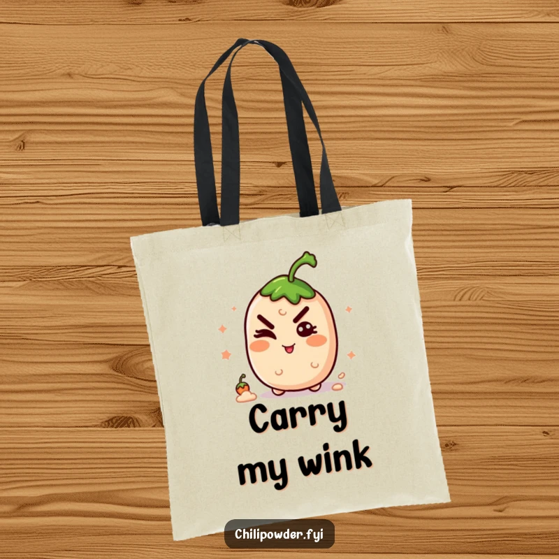 Funny kawaii chili powder winking with a mischievous grin, making this tote bag perfect for carrying your playful secrets.