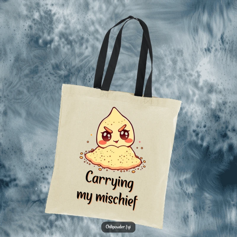 Funny tote bag featuring a mischievous winking chili powder character with googly eyes, perfect for carrying essentials.