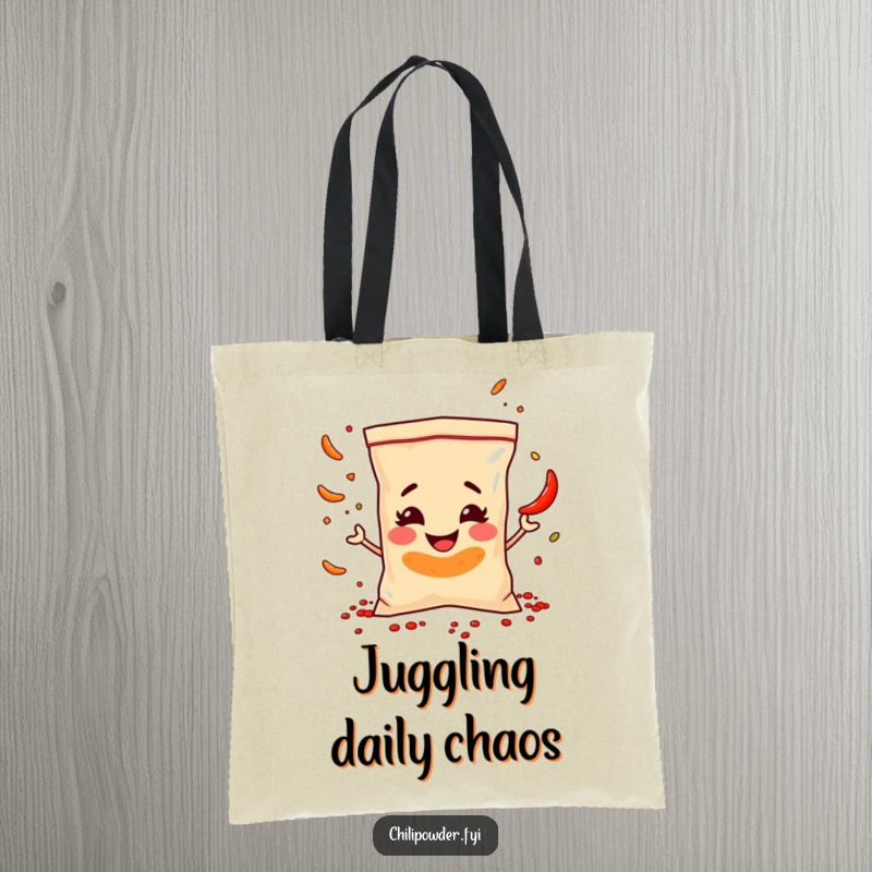 Funny Tote Bag: A chili powder bag character gleefully juggles spice flakes, perfect for groceries or as a humorous accessory.