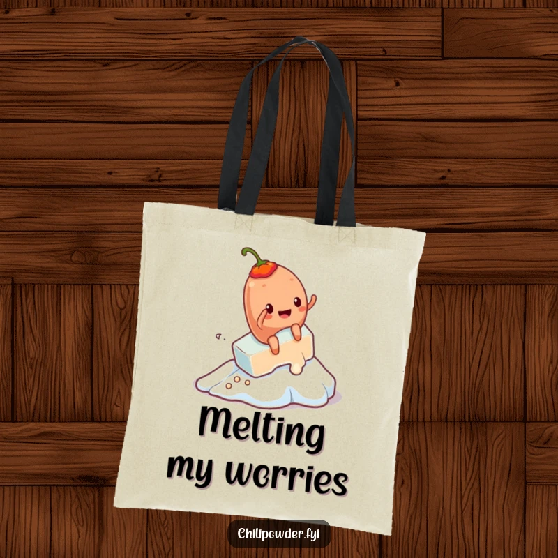 Funny Kawaii chili powder character's icy adventure captured on a durable tote bag, perfect for humor lovers.