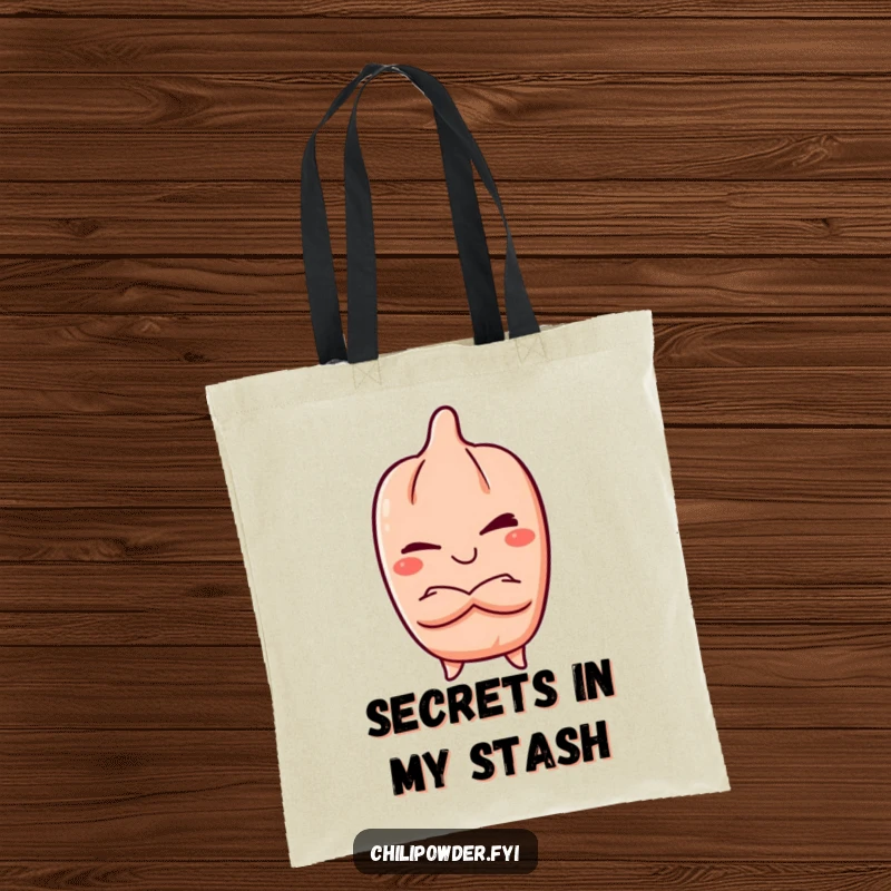 Funny Tote Bag: Kawaii chili powder character winking slyly, arms crossed, with a mischievous grin, perfect for carrying essentials with a hint of fun.