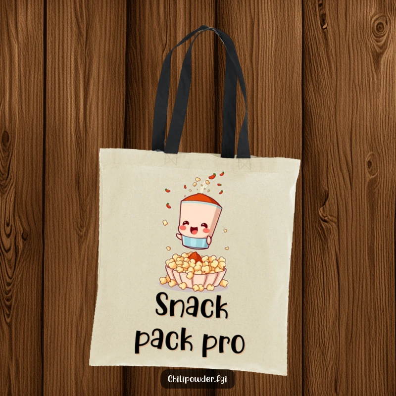 Funny tote bag showing a chili powder sifter enthusiastically shaking spices onto popcorn, a celebration of flavorful snacking.