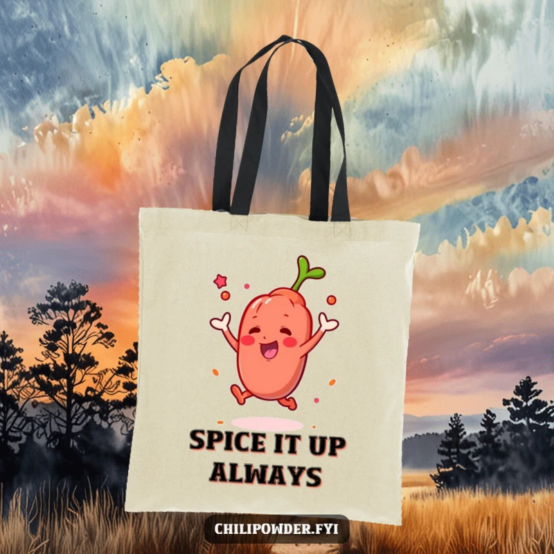 Funny Kawaii chili powder character leaping with a spice puff on a tote bag, designed for vibrant carry-alls.