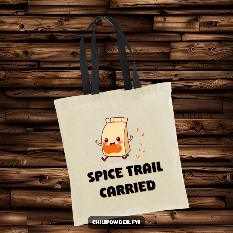 Funny Kawaii chili powder pouch with tiny legs, happily running and leaving a colorful spice trail, humorous tote.