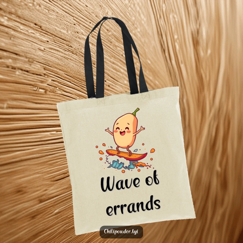 Funny Tote Bag: A chili powder flake with legs gleefully surfs a wave of spice, perfect for beach trips or daily errands.