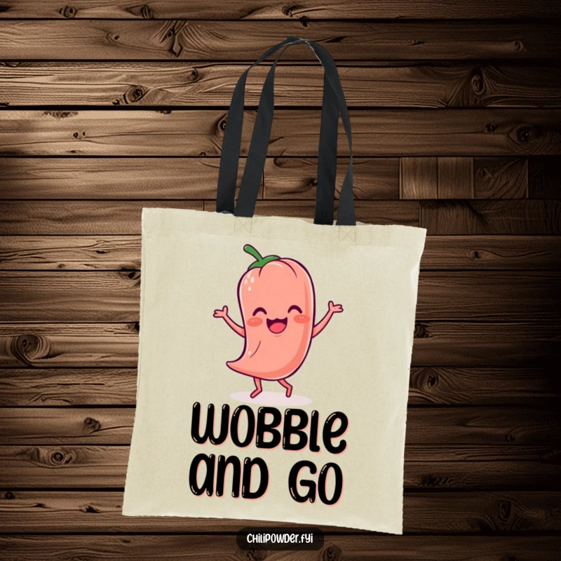 Funny Kawaii chili powder character in a wobbly jig motion, printed on a practical and humorous tote bag.
